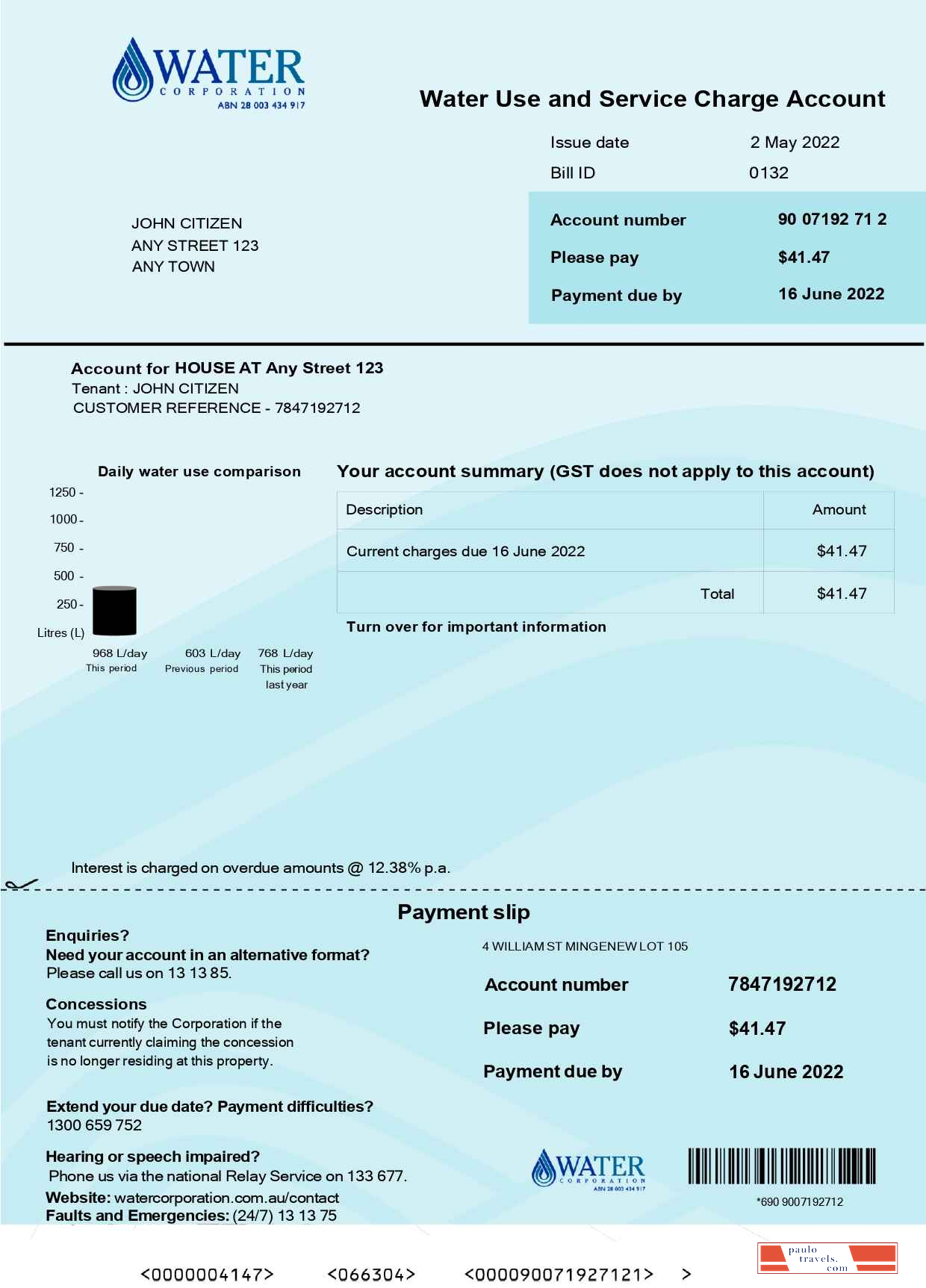 Australia Water Corporation WA utility bill .doc and .pdf template